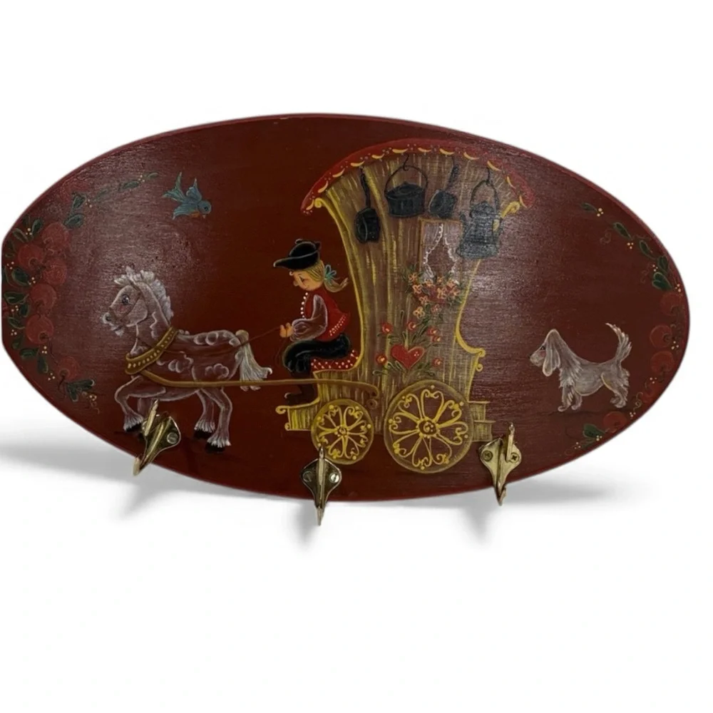 Tole Ware Coat Rack VTG Red Wall Decor W Brass Hooks Painted Colorful Dog Man